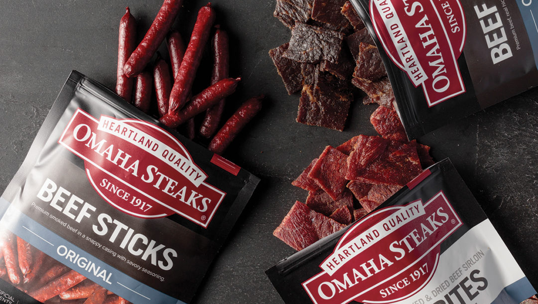 Omaha Steaks meat snacks, beef sticks, steak bites and beef jerky