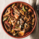 beef, potatoes, peppers in serving bowl