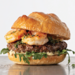 filet mignon burger with shrimp and fresh arugala
