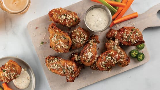 Garlic parmesan chicken wings served with jalapeno ranch dressing