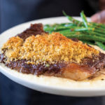 Parmesan-Crusted Ribeye with Garlic Mashed Potato Purée and Wok-Fried Green Beans