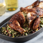 Family platter of grilled moroccan-spiced spatchcock chicken served with dried cherry tabbouleh salad and beverages