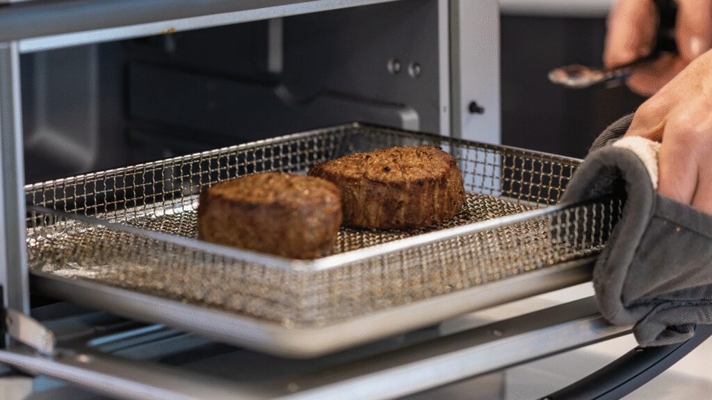 Air fried filet mignon served with cooked broccoli