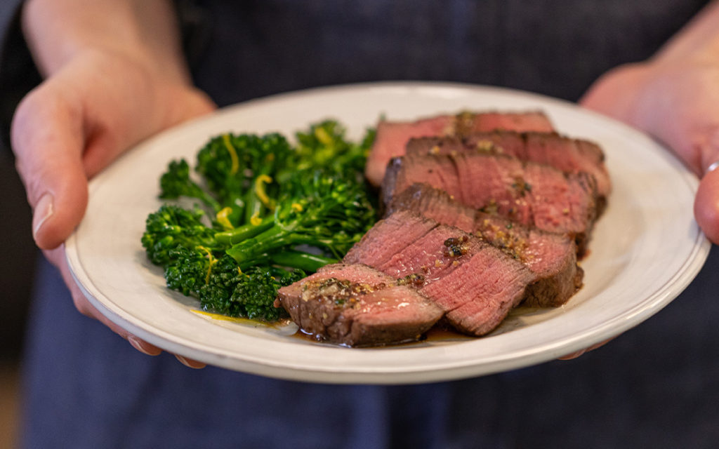 Air fried filet mignon served with cooked broccoli