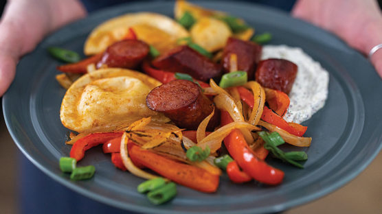 Sheet Pan Pierogi with Sausage Onions and Peppers Recipe