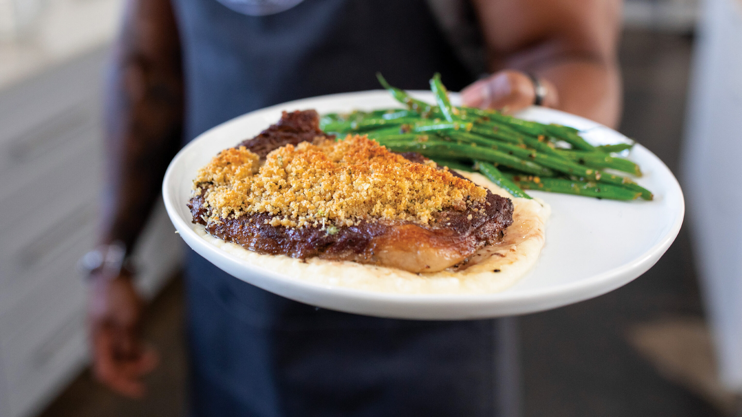 ParmesanCrusted Ribeye with Garlic Mashed Potato Purée and WokFried
