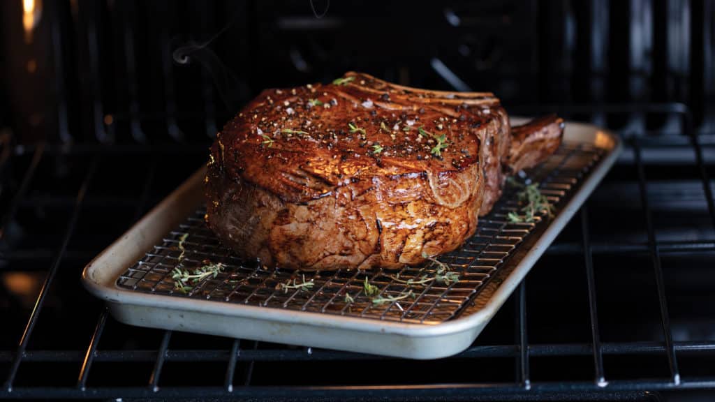 Salt-Encrusted King Cut Ribeye in oven