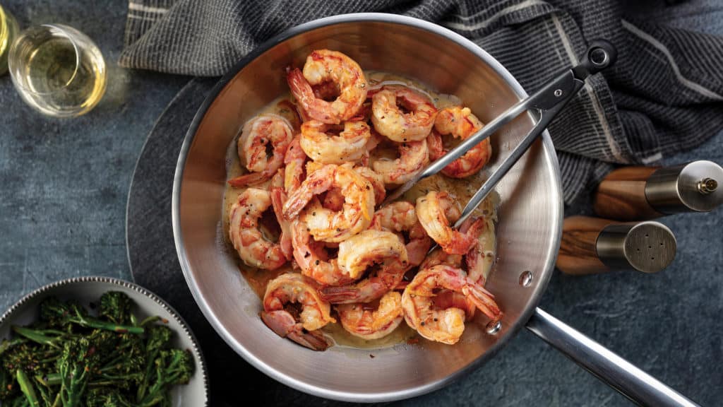 Shrimp Scampi with Sheet Pan Broccolini in pan