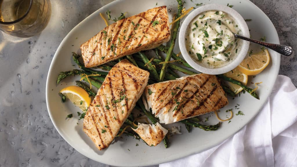 Grilled Halibut with Meyer Lemon Herb Butter on plate
