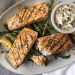 Grilled Halibut with Meyer Lemon Herb Butter on plate