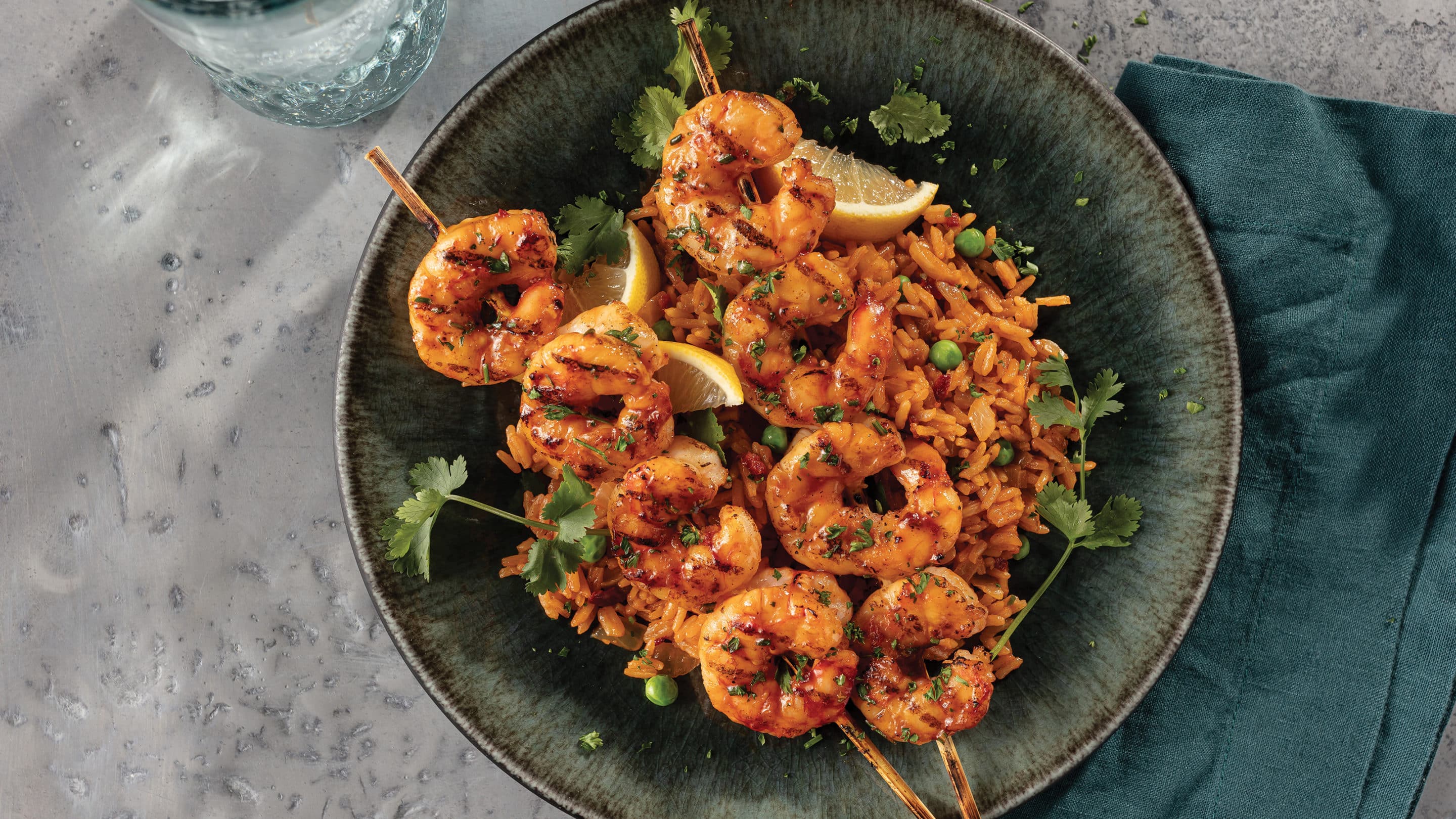 Grilled Lemon Chipotle Shrimp Skewers with Spanish Rice