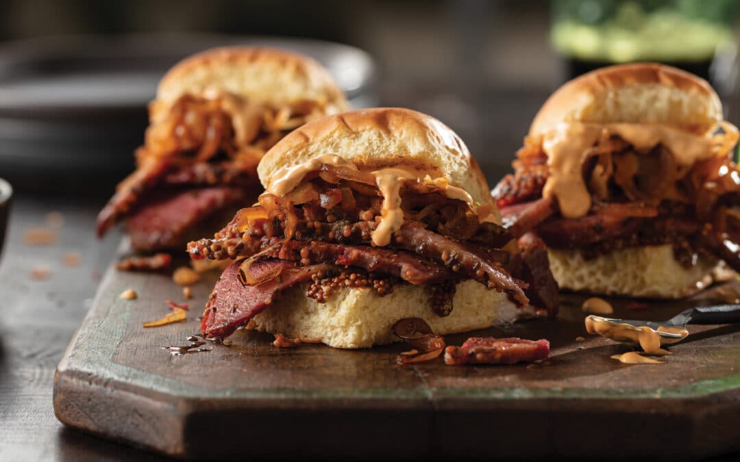 Corned Beef Brisket Sliders with Beer Cheese and Smoky Sauerkraut Recipe