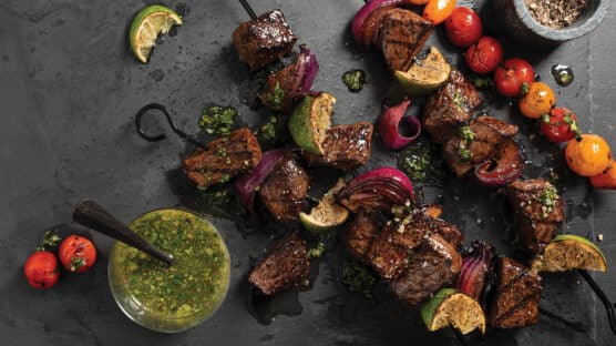 2 mojo beef kabobs with side of chimichurri