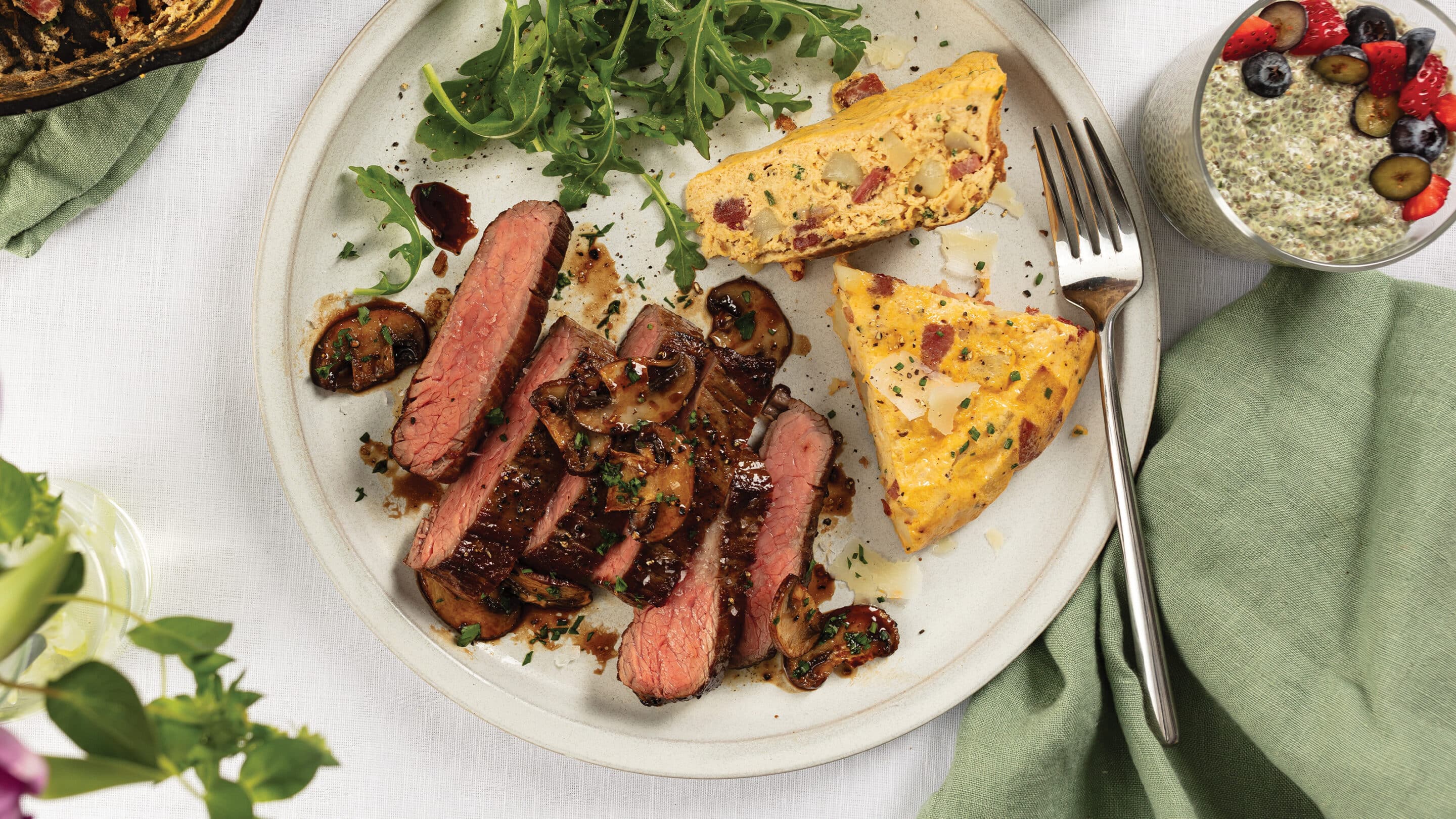 Italian Bavette Steak With Potato-Bacon Frittata And Balsamic Mushrooms ...