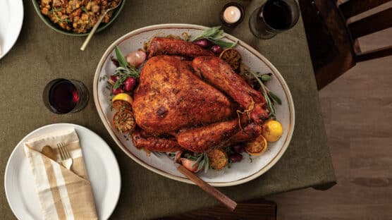 Thanksgiving table with lemon-pepper turkey wand gravy with Omaha Steaks dressing.