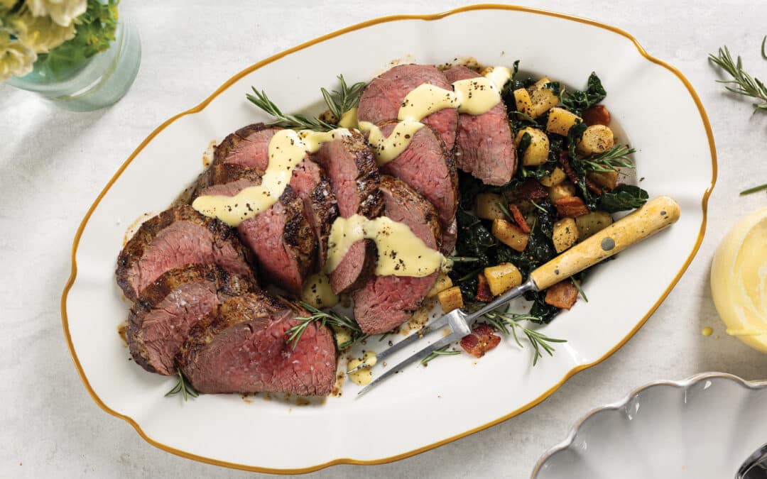 Chateaubriand With Dijon-Hollandaise and Roasted Parsnips and Kale With Bacon Recipe