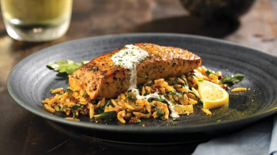 Pan-Seared Marinated Salmon Atop a bed of Sun-Dried Tomato Orzo Pasta and topped with a creamy sauce