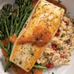 Pan-Seared Halibut With Creamy Orzo, Butter Broccolini, and Creamy Tomato & White Wine Finishing Sauce on a white plate