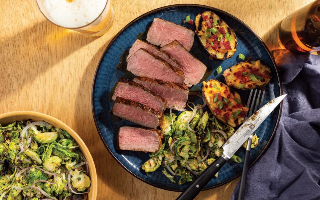 Grilled BBQ-Spiced Filet Mignon With Potato Skins and Slaw