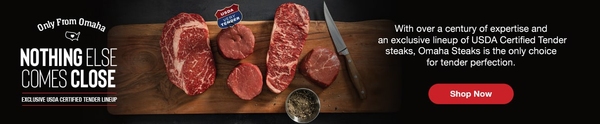 Wood cutting board with five raw USDA Certified Tender Omaha Steaks cuts arranged beside a steak knife and bowl of seasoning, promoting Omaha Steaks' exclusive tender lineup. Text reads 'Only From Omaha. Nothing Else Comes Close. With over a century of expertise and an exclusive lineup of USDA Certified Tender steaks, Omaha Steaks is the only choice for tender perfection.' Red button says 'Shop Now.