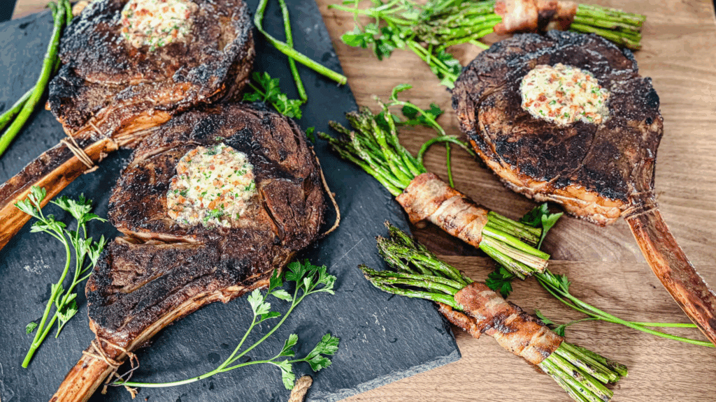 Cutting board with 3 tomahawk ribeye steaks, each with a pat of bacon butter and bacon-wrapped asparagus spears