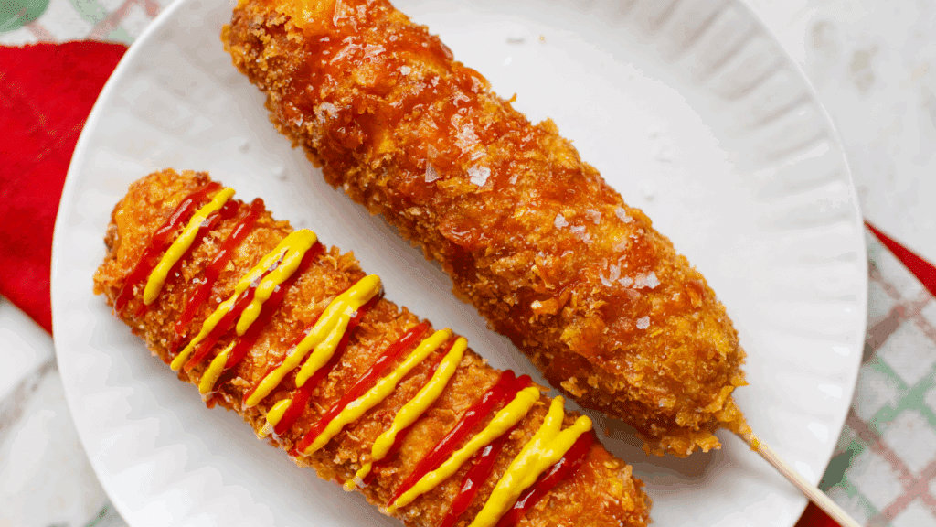 2 Korean-style corn dogs on a white plate. One with ketchup and mustard, one plain.