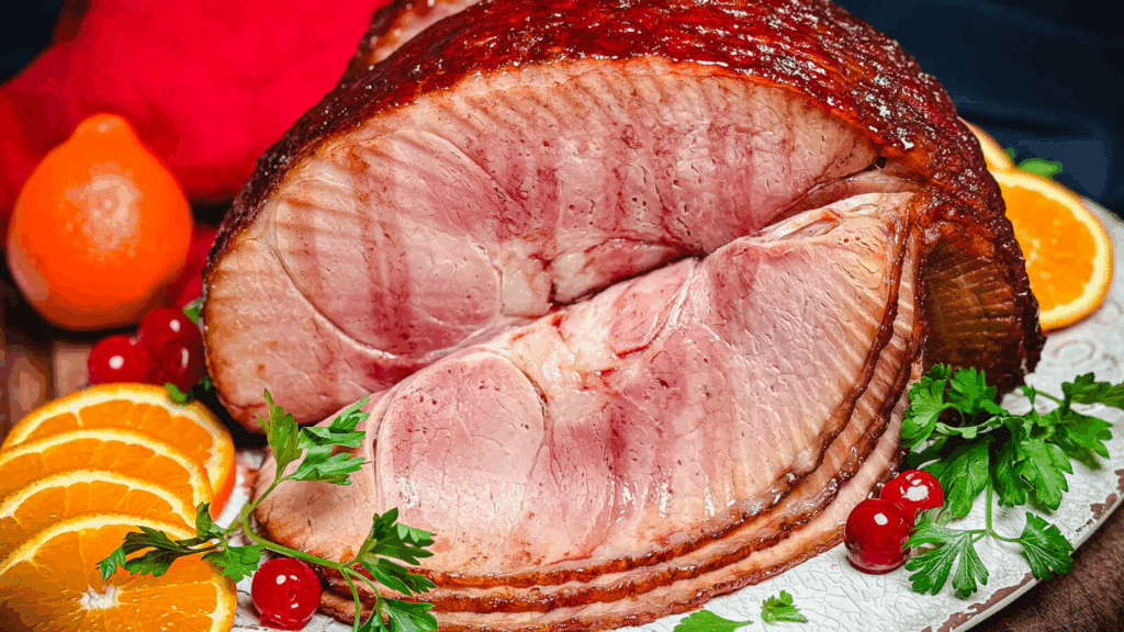 Double Smoked Bourbon and Cherry Glazed Spiral-Sliced Ham on Plate with sliced oranges and cherries