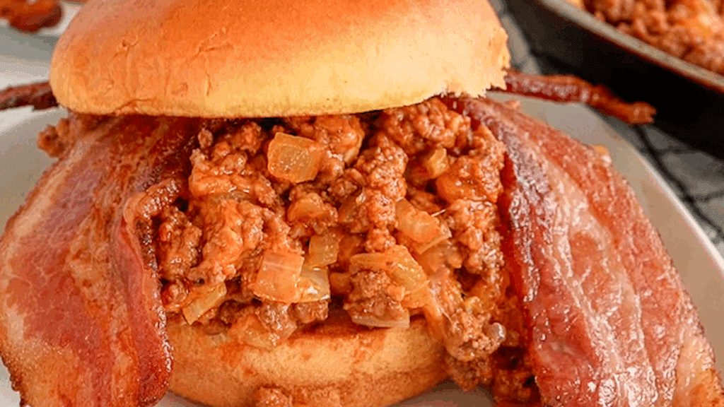 A cheesy bacon and beer sloppy joe with two thick slices of bacon hanging out the bun.