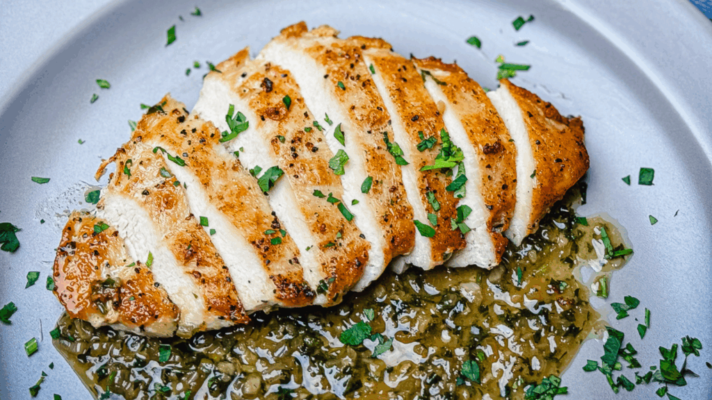 Pan-seared chicken breast sliced and served with a pan sauce