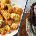 Air-fried bang bang chicken with bang bang sauce next to image of the creator Marcella DiLonardo