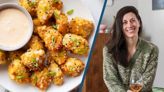 Air-fried bang bang chicken with bang bang sauce next to image of the creator Marcella DiLonardo