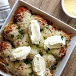 meatball ricotta bake in a white casserole dish